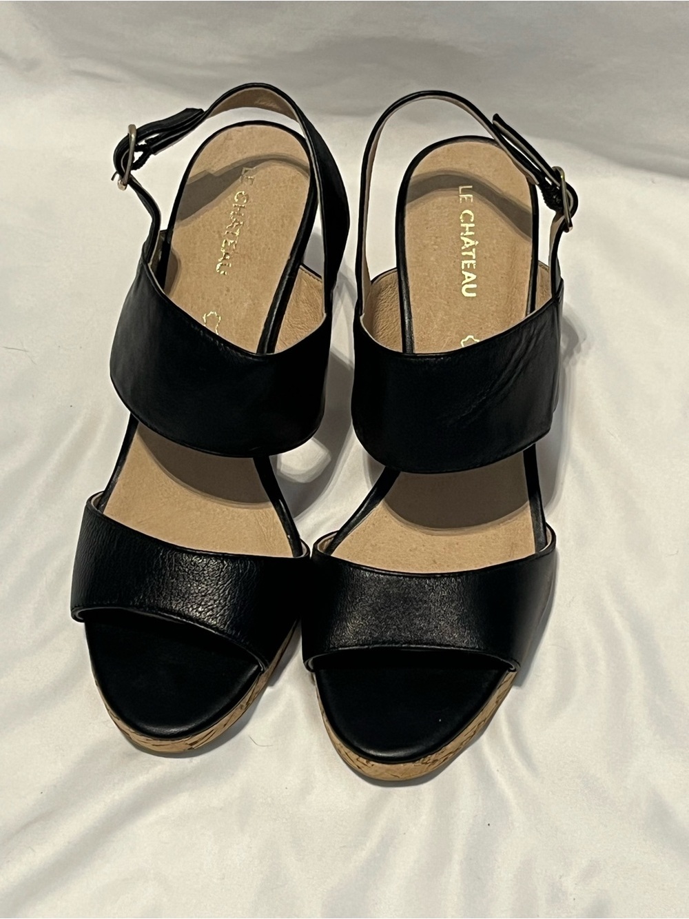 Le Château Black Leather Slingback Cork Wedges Size 8
